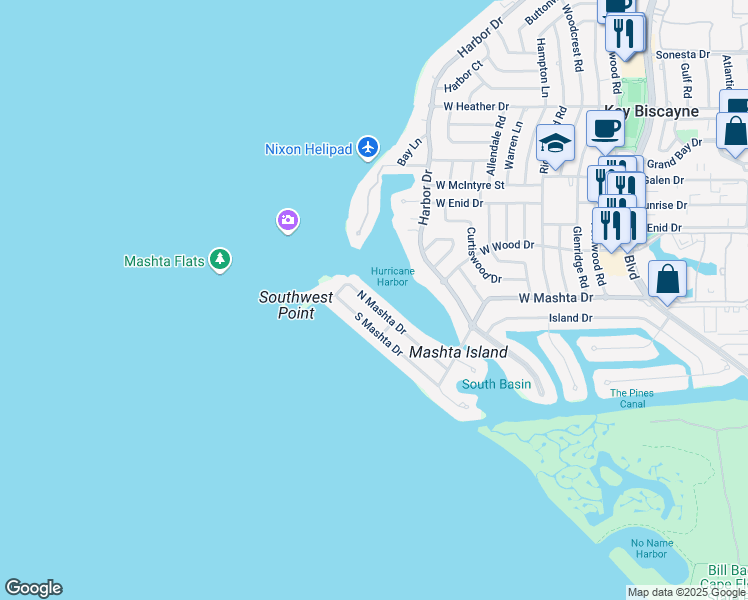 map of restaurants, bars, coffee shops, grocery stores, and more near 701 North Mashta Drive in Key Biscayne