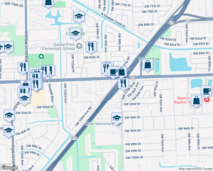 map of restaurants, bars, coffee shops, grocery stores, and more near 9820 N Kendall Dr in Miami