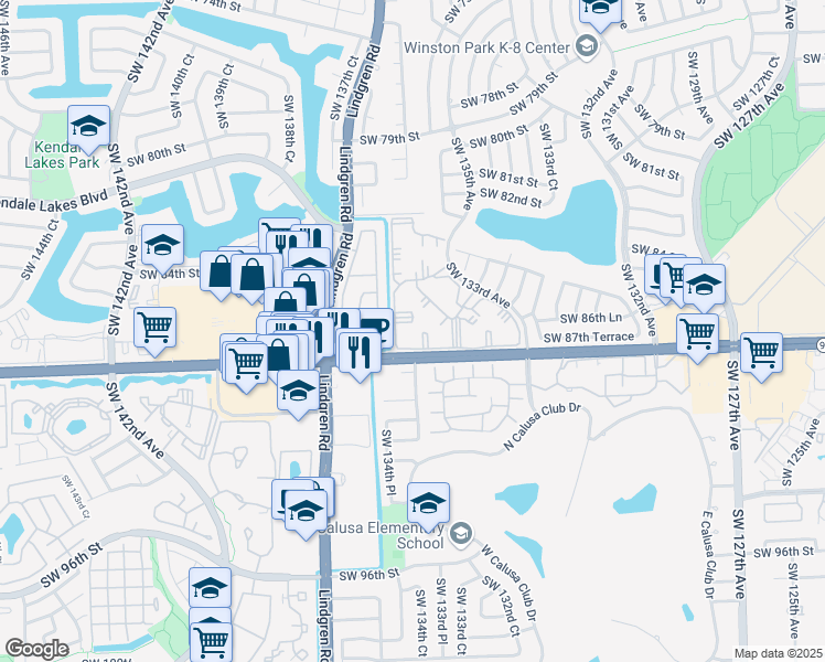 map of restaurants, bars, coffee shops, grocery stores, and more near 8600 Southwest 133rd Avenue Road in Miami