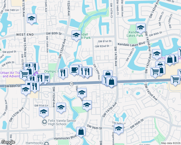 map of restaurants, bars, coffee shops, grocery stores, and more near 8610 Southwest 149th Avenue in Miami
