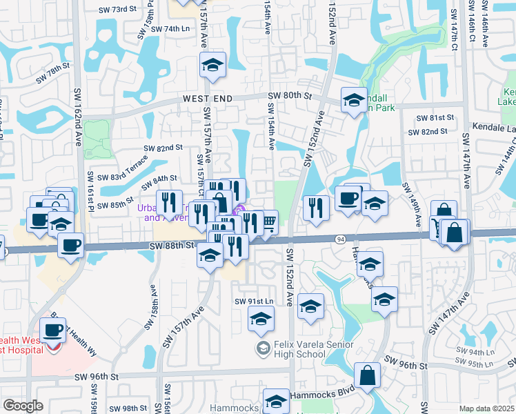 map of restaurants, bars, coffee shops, grocery stores, and more near 15449 Southwest 86th Terrace in Miami