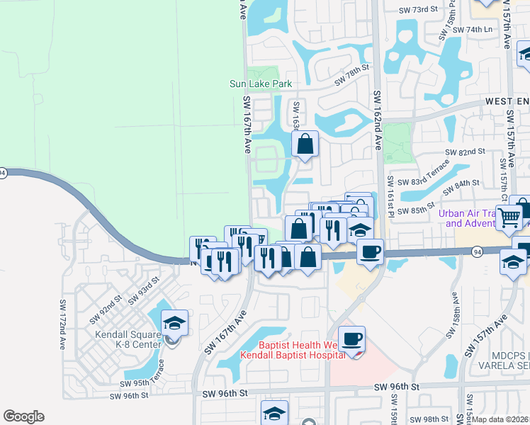 map of restaurants, bars, coffee shops, grocery stores, and more near 16628 Southwest 85th Lane in Miami