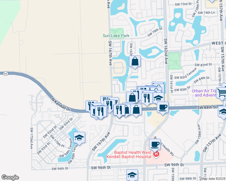 map of restaurants, bars, coffee shops, grocery stores, and more near 16628 Southwest 85th Lane in Miami