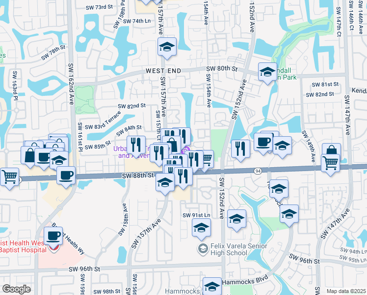 map of restaurants, bars, coffee shops, grocery stores, and more near 15665 Southwest 86th Terrace in Miami