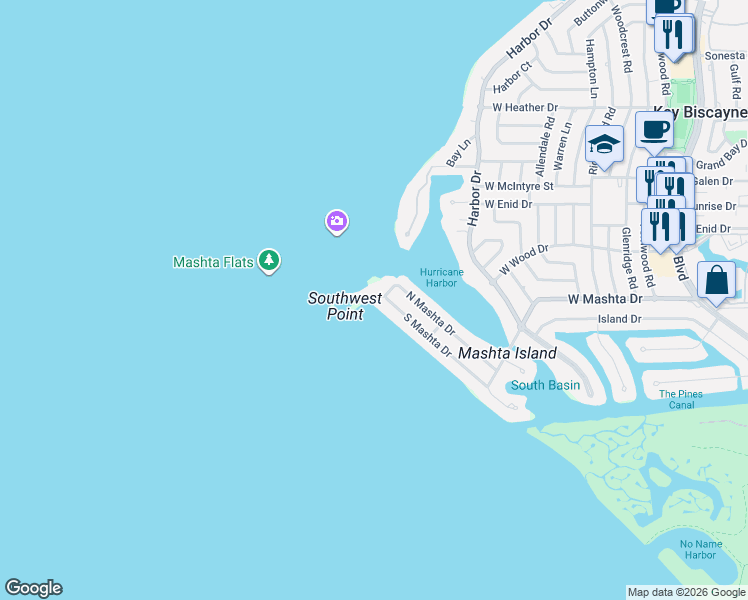 map of restaurants, bars, coffee shops, grocery stores, and more near 740 South Mashta Drive in Key Biscayne