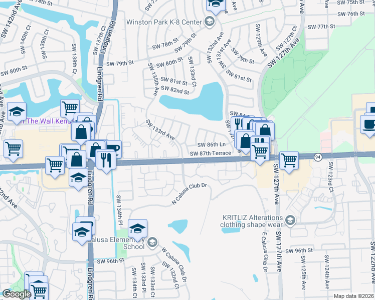map of restaurants, bars, coffee shops, grocery stores, and more near in Kendale Lakes