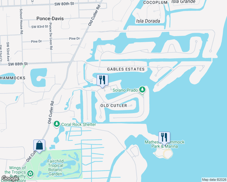 map of restaurants, bars, coffee shops, grocery stores, and more near 580 Reinante Avenue in Coral Gables