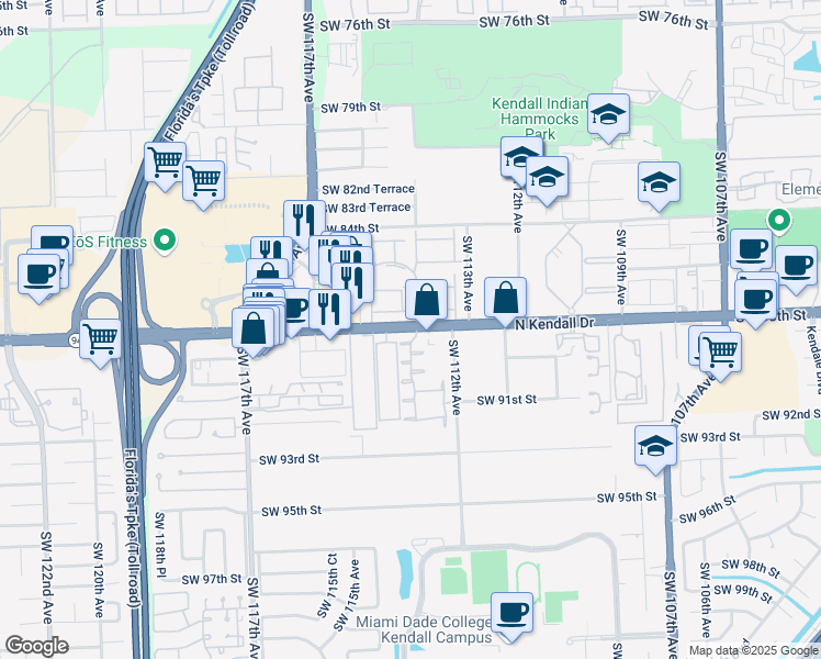 map of restaurants, bars, coffee shops, grocery stores, and more near 11240 Southwest 88th Street in Miami