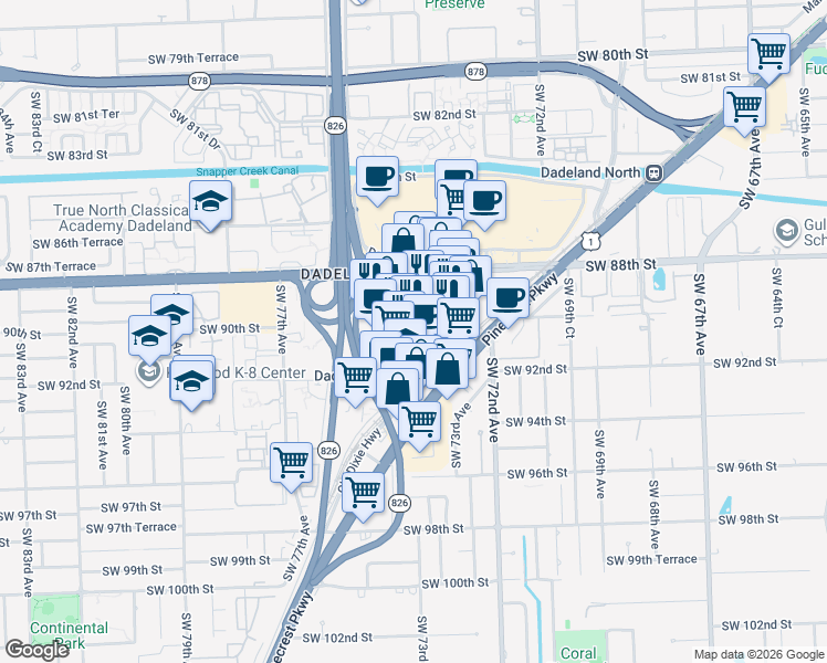 map of restaurants, bars, coffee shops, grocery stores, and more near 9075 South Dadeland Boulevard in Kendall