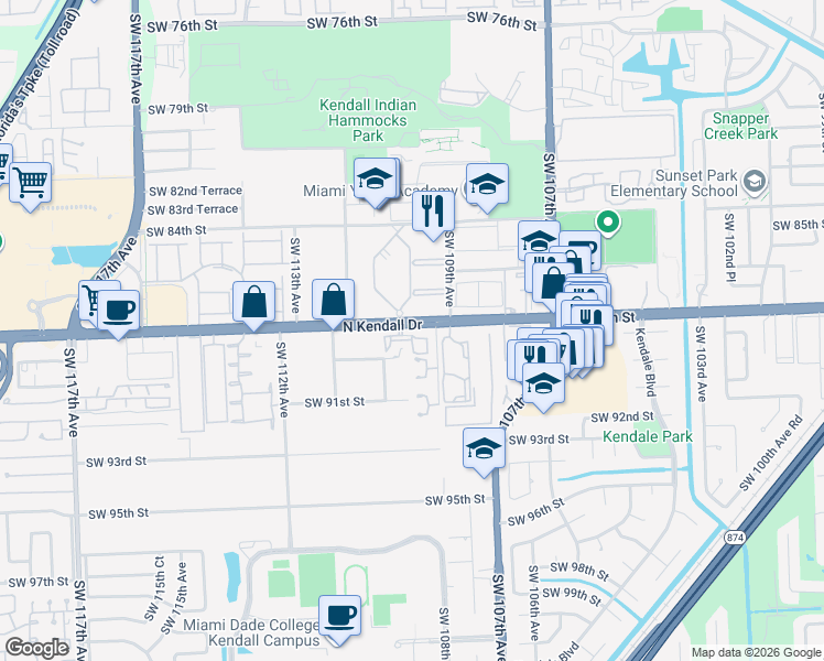 map of restaurants, bars, coffee shops, grocery stores, and more near 10868 Southwest 89th Street in Miami