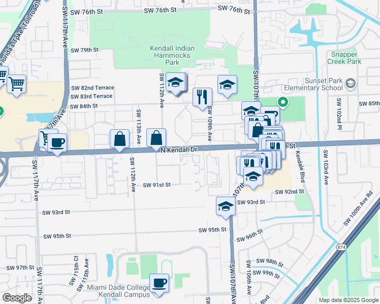 map of restaurants, bars, coffee shops, grocery stores, and more near 10868 Southwest 89th Street in Miami