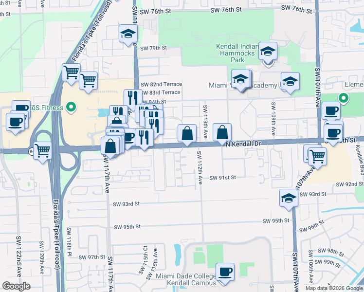 map of restaurants, bars, coffee shops, grocery stores, and more near 11240 Southwest 88th Street in Miami