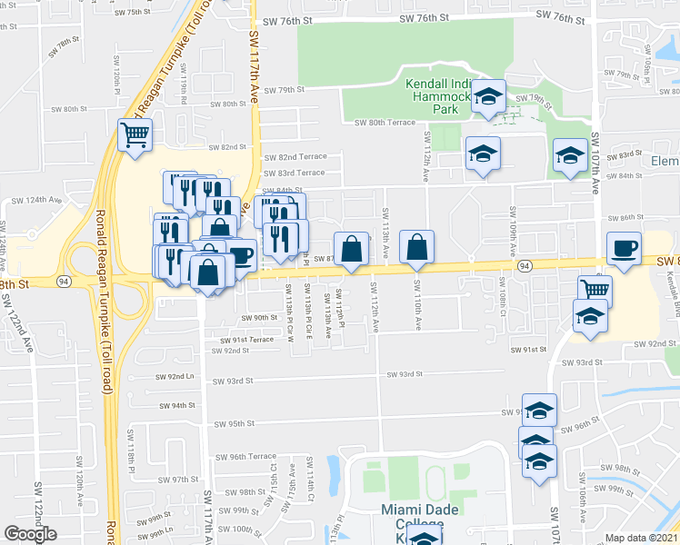 map of restaurants, bars, coffee shops, grocery stores, and more near 11240 Southwest 88th Street in Miami