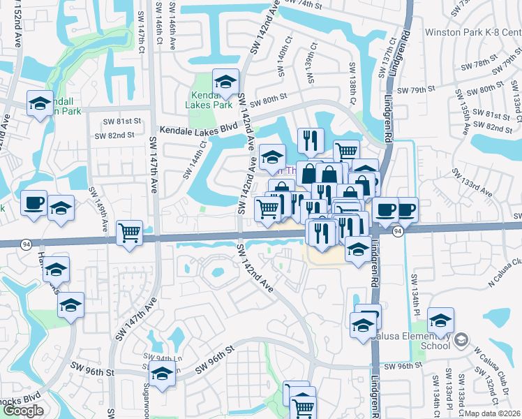 map of restaurants, bars, coffee shops, grocery stores, and more near 14165 Southwest 87th Street in Miami