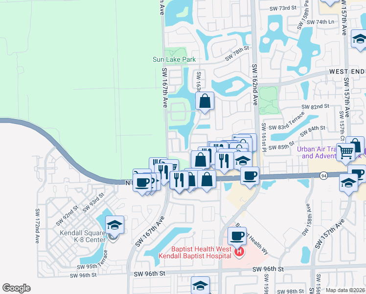 map of restaurants, bars, coffee shops, grocery stores, and more near 16498 Southwest 85th Lane in Miami