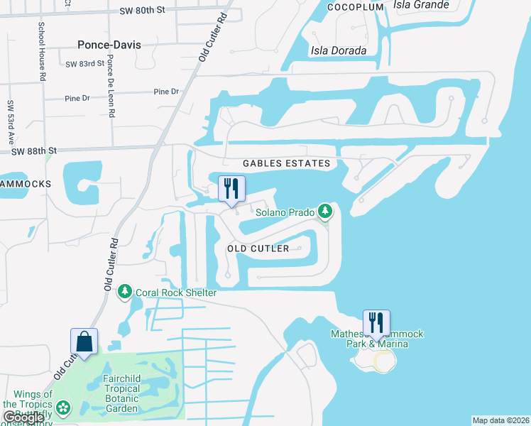 map of restaurants, bars, coffee shops, grocery stores, and more near 580 Reinante Avenue in Coral Gables