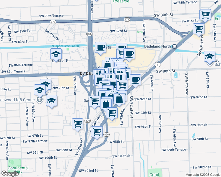 map of restaurants, bars, coffee shops, grocery stores, and more near 9075 South Dadeland Boulevard in Kendall