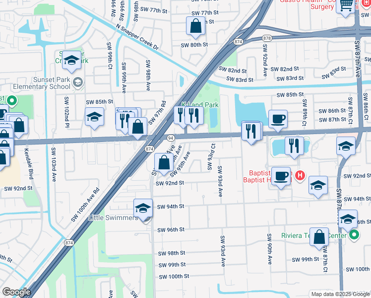 map of restaurants, bars, coffee shops, grocery stores, and more near 8920 Southwest 95th Avenue in Miami