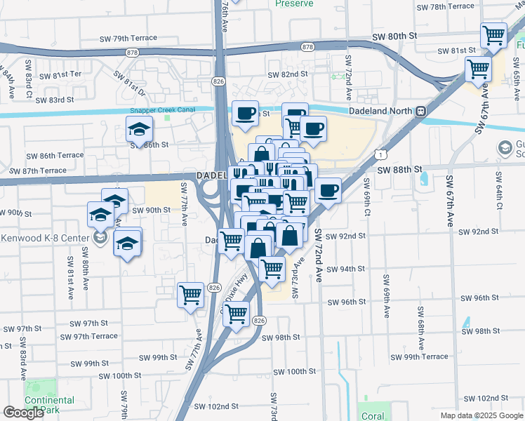 map of restaurants, bars, coffee shops, grocery stores, and more near 9075 South Dadeland Boulevard in Kendall