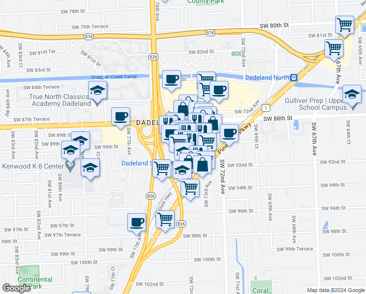 map of restaurants, bars, coffee shops, grocery stores, and more near 9066 Southwest 73rd Court in Coral Gables