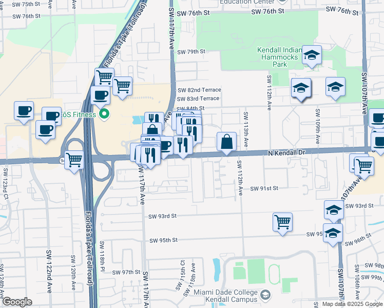 map of restaurants, bars, coffee shops, grocery stores, and more near 11543 North Kendall Drive in Miami