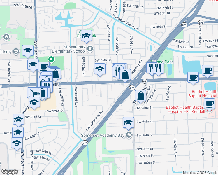 map of restaurants, bars, coffee shops, grocery stores, and more near 9856 North Kendall Drive in Miami