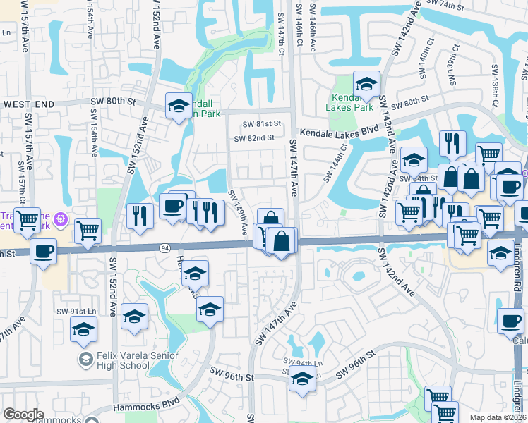 map of restaurants, bars, coffee shops, grocery stores, and more near 14737 Southwest 85th Lane in Miami