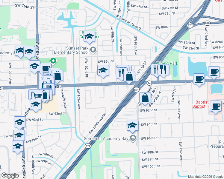map of restaurants, bars, coffee shops, grocery stores, and more near 9846 Southwest 88th Street in Miami