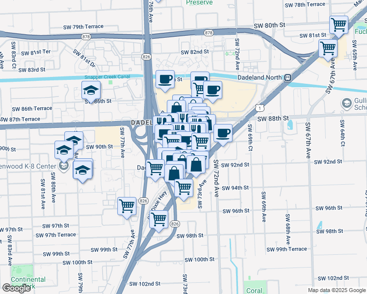 map of restaurants, bars, coffee shops, grocery stores, and more near 9055 Southwest 73rd Court in Miami