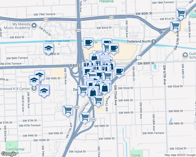 map of restaurants, bars, coffee shops, grocery stores, and more near 9075 South Dadeland Boulevard in Kendall