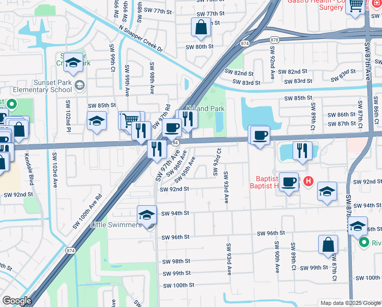 map of restaurants, bars, coffee shops, grocery stores, and more near 8920 Southwest 95th Avenue in Miami