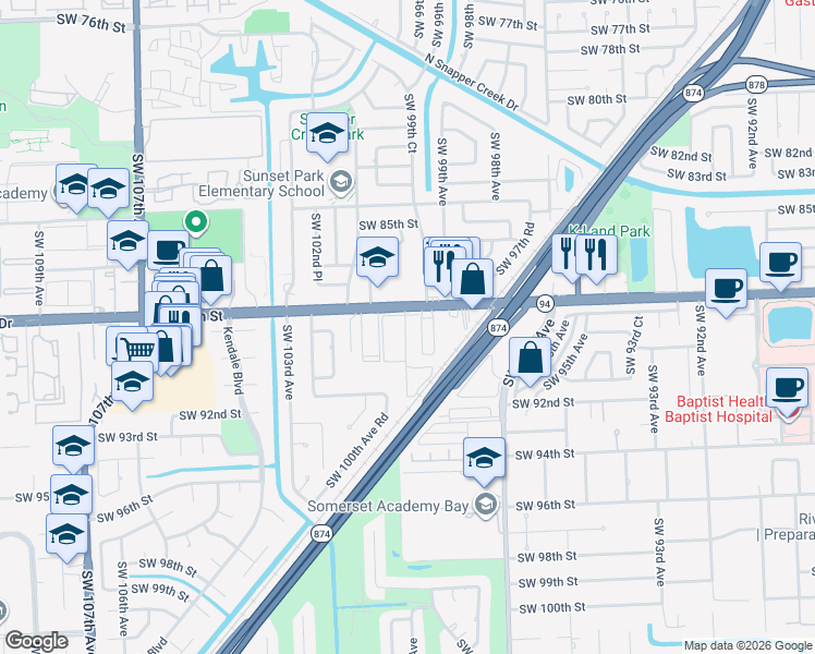 map of restaurants, bars, coffee shops, grocery stores, and more near 9846 Southwest 88th Street in Miami