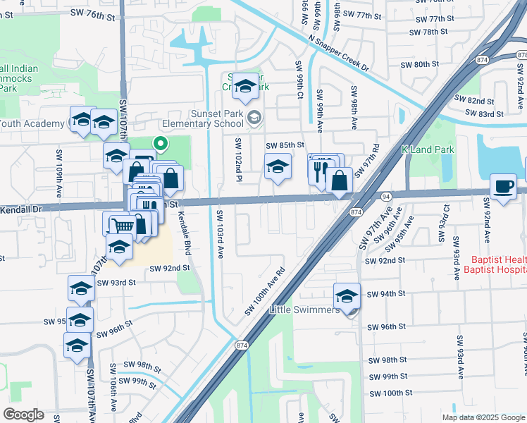 map of restaurants, bars, coffee shops, grocery stores, and more near 8925 Southwest 102nd Court in Miami