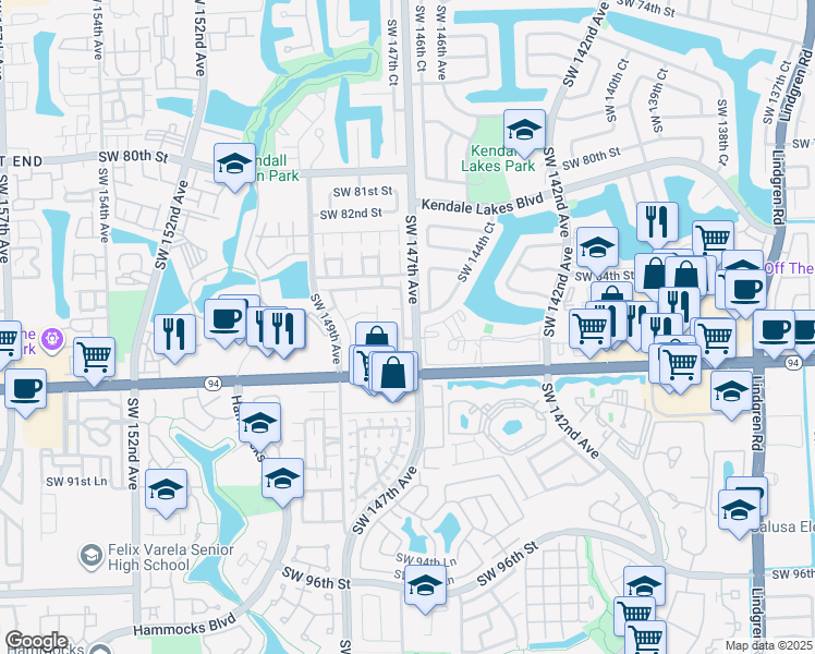 map of restaurants, bars, coffee shops, grocery stores, and more near 14601 North Kendall Drive in Miami