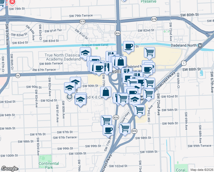 map of restaurants, bars, coffee shops, grocery stores, and more near 9125 Southwest 77th Avenue in Miami