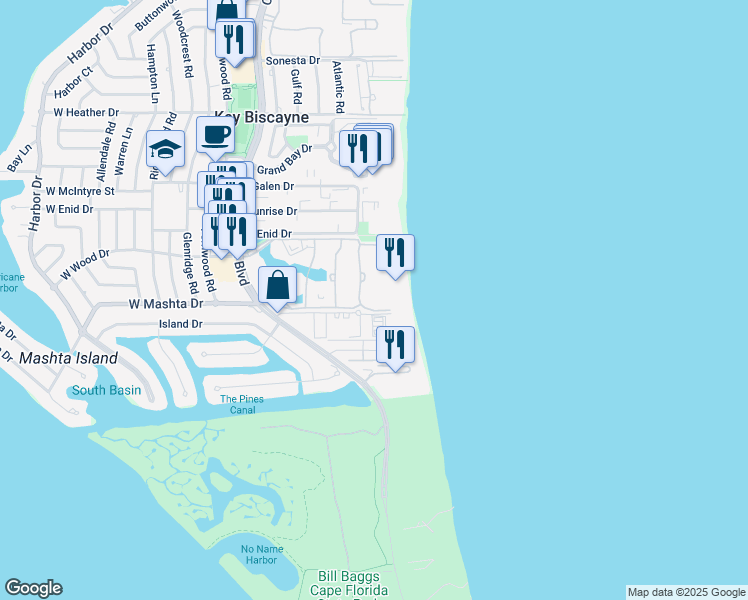 map of restaurants, bars, coffee shops, grocery stores, and more near 799 Crandon Boulevard in Key Biscayne
