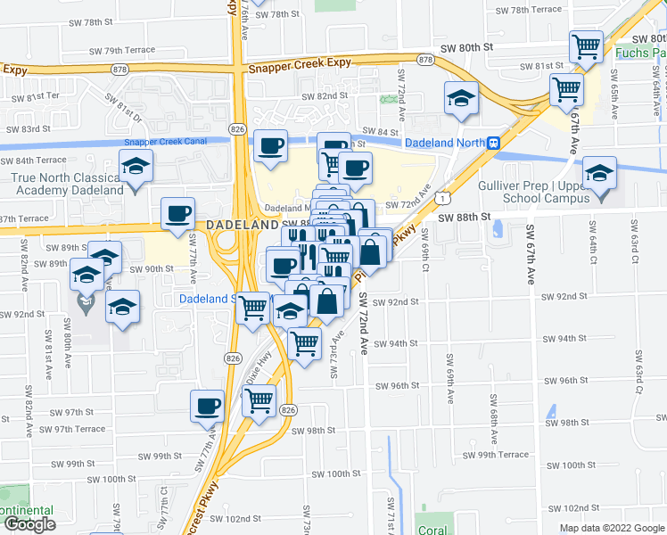 map of restaurants, bars, coffee shops, grocery stores, and more near 7275 Southwest 90th Way in Kendall