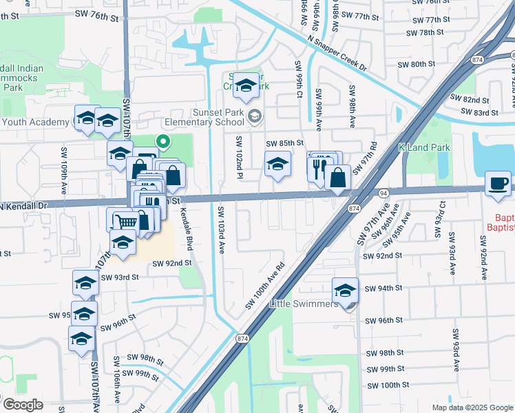 map of restaurants, bars, coffee shops, grocery stores, and more near 10190 Southwest 88th Street in Miami