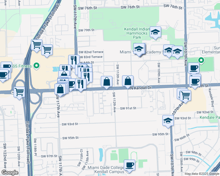 map of restaurants, bars, coffee shops, grocery stores, and more near 11253 Southwest 88th Street in Miami