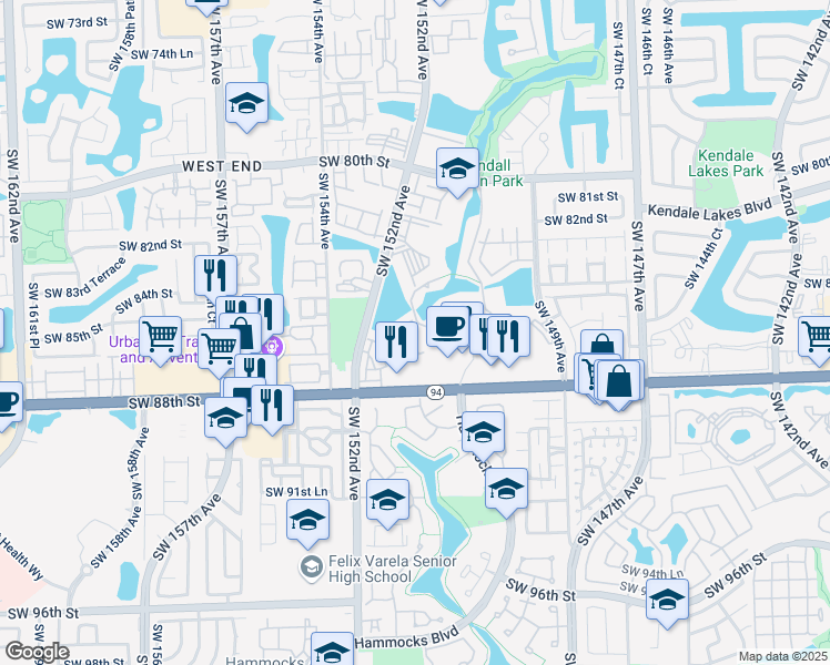 map of restaurants, bars, coffee shops, grocery stores, and more near 8665 Southwest 152nd Avenue in Miami