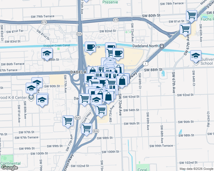 map of restaurants, bars, coffee shops, grocery stores, and more near 7290 Southwest 90th Street in Miami