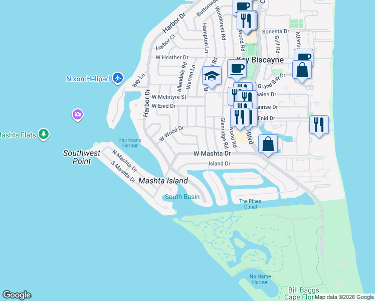 map of restaurants, bars, coffee shops, grocery stores, and more near 401 Island Drive in Key Biscayne
