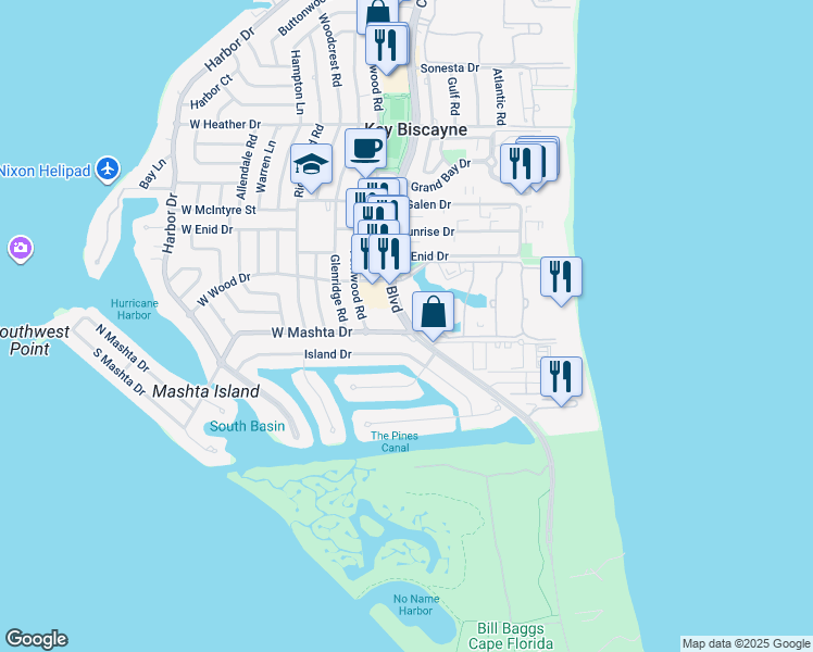 map of restaurants, bars, coffee shops, grocery stores, and more near 121 Island Drive in Miami
