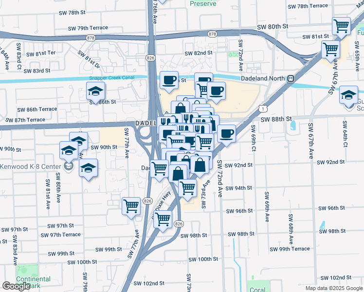 map of restaurants, bars, coffee shops, grocery stores, and more near 9075 South Dadeland Boulevard in Kendall