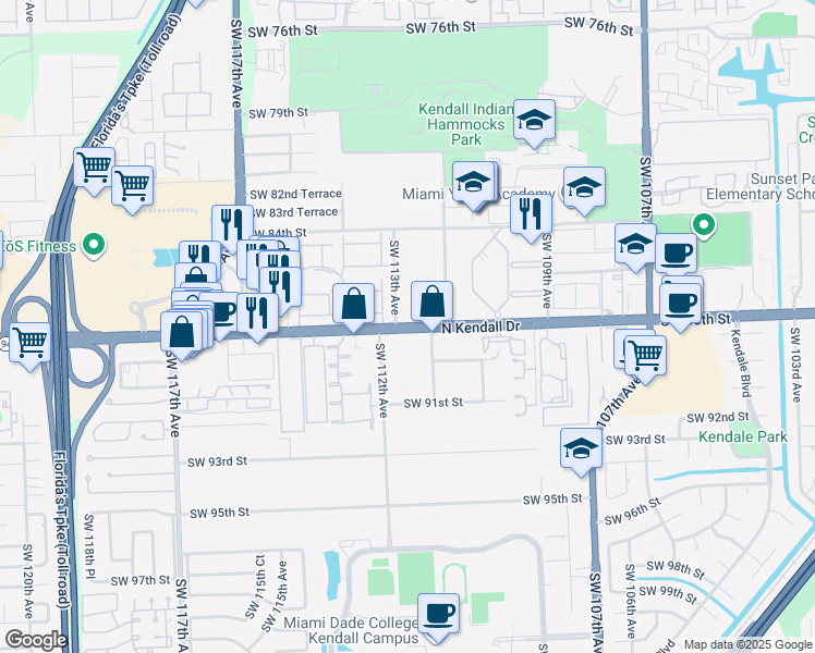 map of restaurants, bars, coffee shops, grocery stores, and more near in Kendall