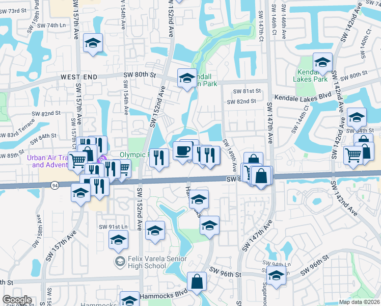 map of restaurants, bars, coffee shops, grocery stores, and more near 15005 Southwest 88th Street in Miami