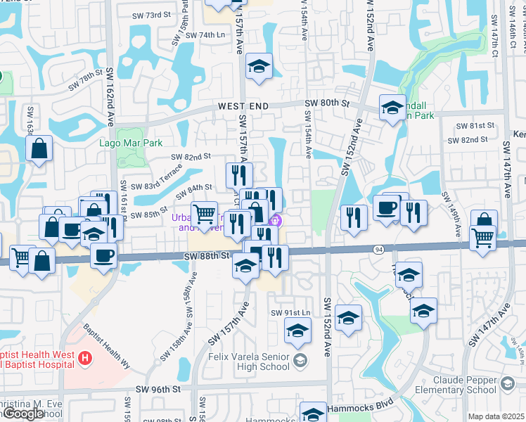 map of restaurants, bars, coffee shops, grocery stores, and more near 15665 Southwest 86th Terrace in Miami