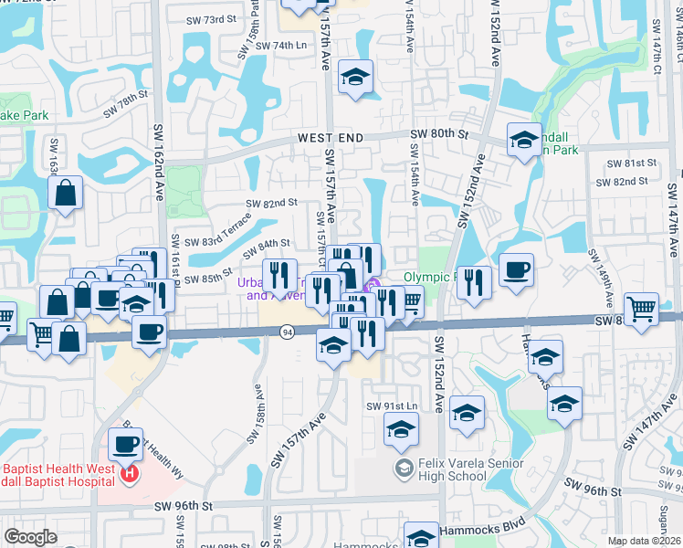 map of restaurants, bars, coffee shops, grocery stores, and more near 15712 Southwest 85th Lane in Miami