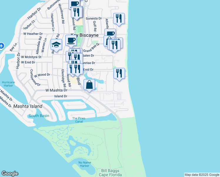 map of restaurants, bars, coffee shops, grocery stores, and more near 280 Seaview Drive in Key Biscayne
