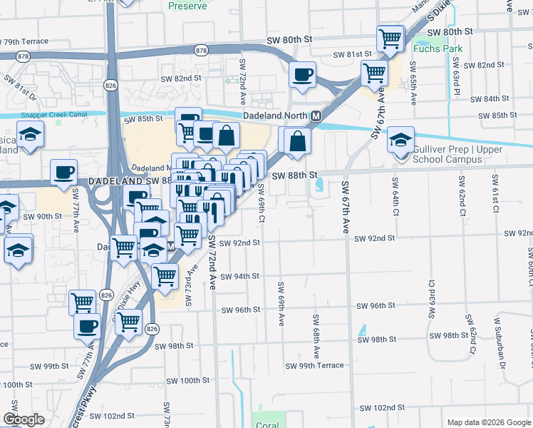 map of restaurants, bars, coffee shops, grocery stores, and more near 9100 Southwest 69th Court in Miami